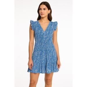 Pinch Blue White Ruffle Flutter Sleeve VNeck Ruffled Hem Short Mini Dress Small‎
